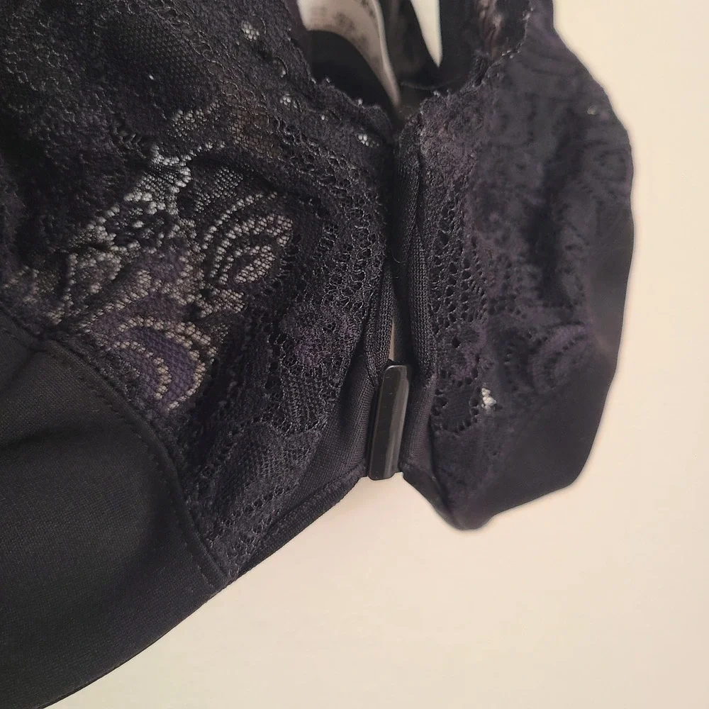 Glamorise 46D Black Lace Nylon Front Closure Bra Wide‎ Strap Comfort Unlined